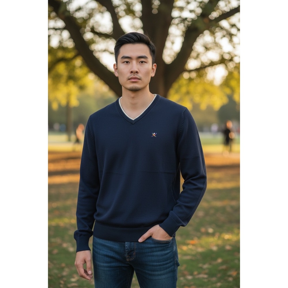 Hackett Navy V Neck Golf Logo Elbow Patch‎ Kids Sweater Size 11-12